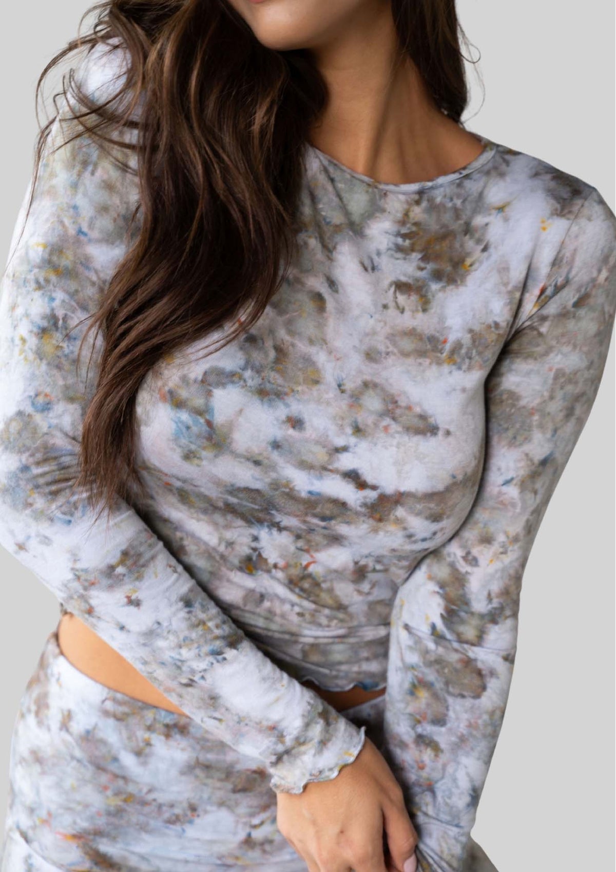 Model wearing the JALA Chill Top in Morel, styled front view