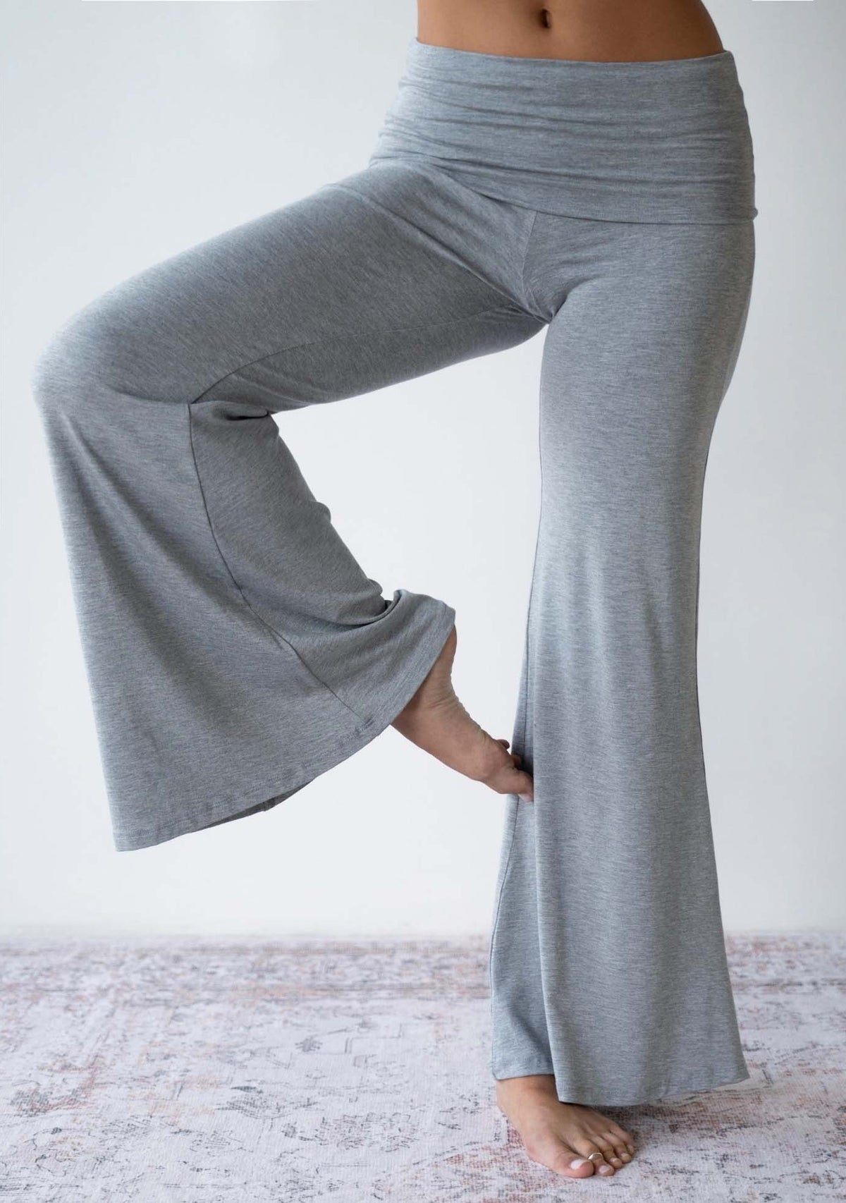 JALA Chill Yoga Pant in Heather Grey, styled front view