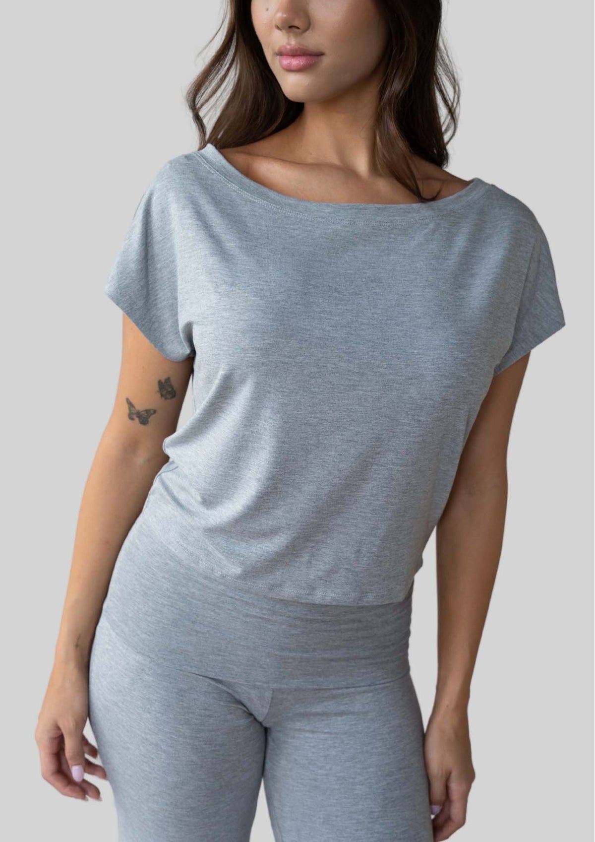 JALA Dreamer Dolman Tee in Heather Grey, relaxed fit tee, front view