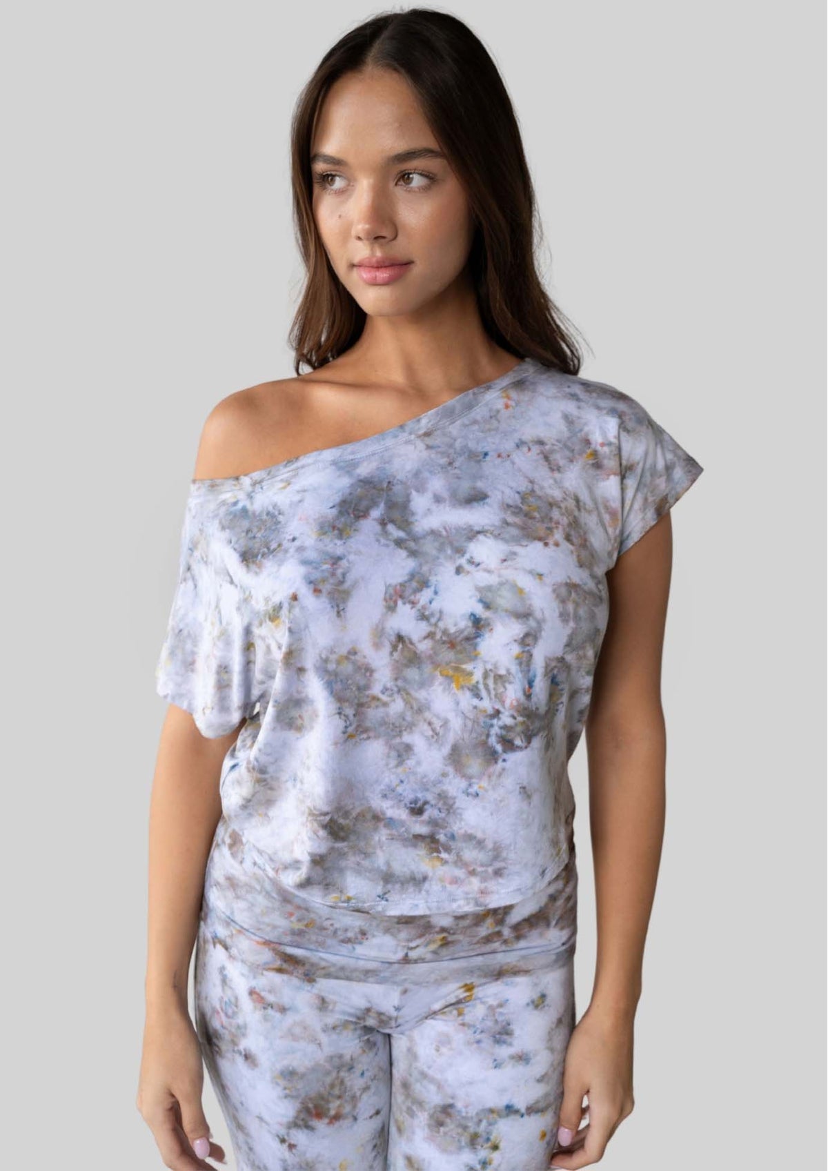 Model wearing the JALA Dreamer Dolman Tee in Morel with soft dolman sleeves, front view
