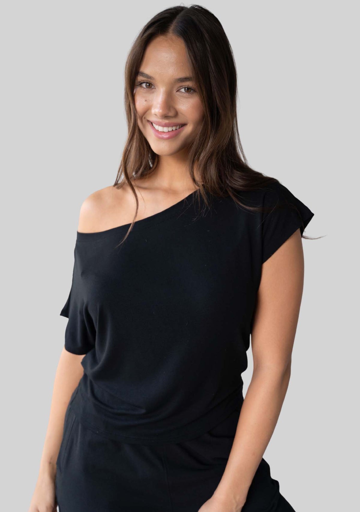 JALA Dreamer Dolman Tee in Black, relaxed fit tee, front view