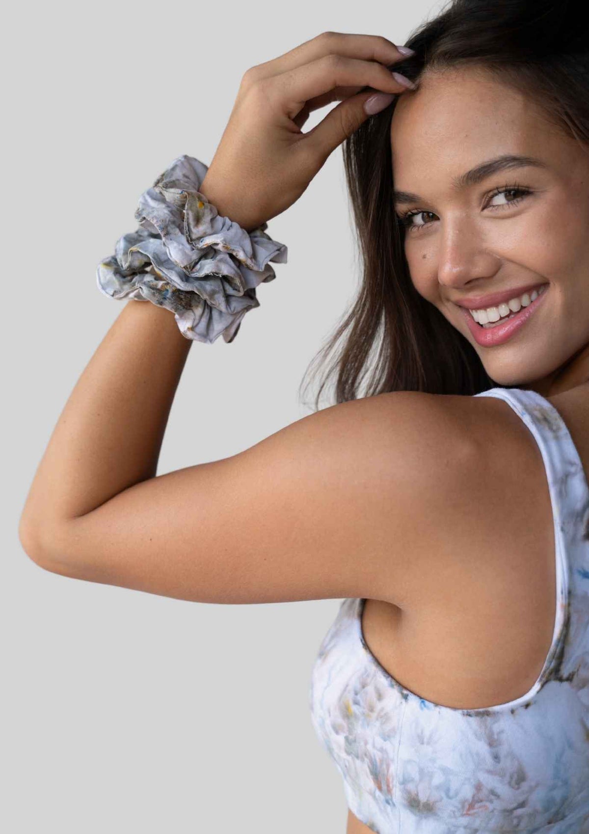 JALA Scrunchie in Morel worn in the hair