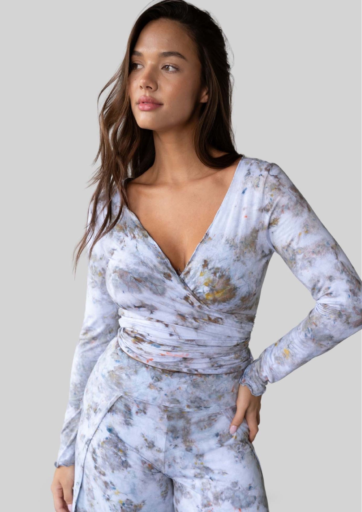 JALA Kira Wrap Top in Morel, styled front view