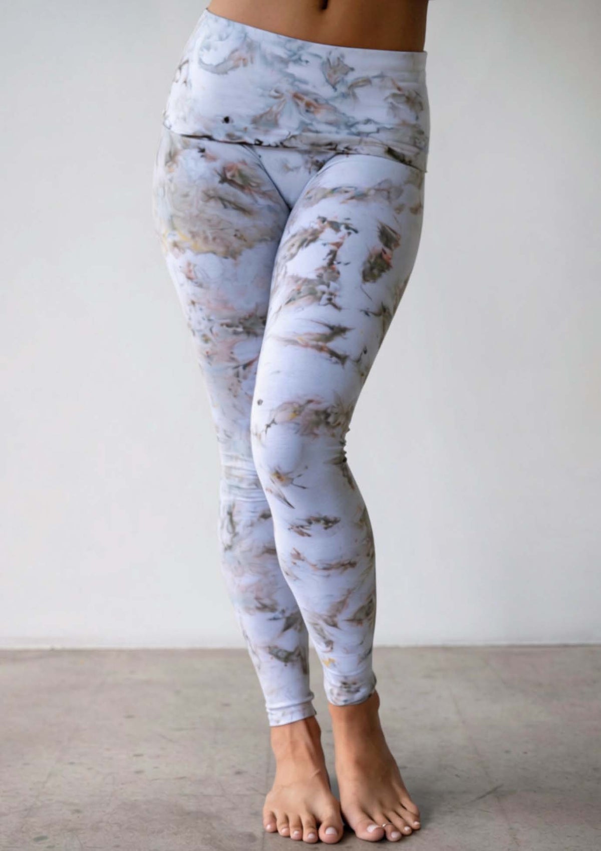 Model wearing the JALA Nama Legging in Morel with foldover waist, front view