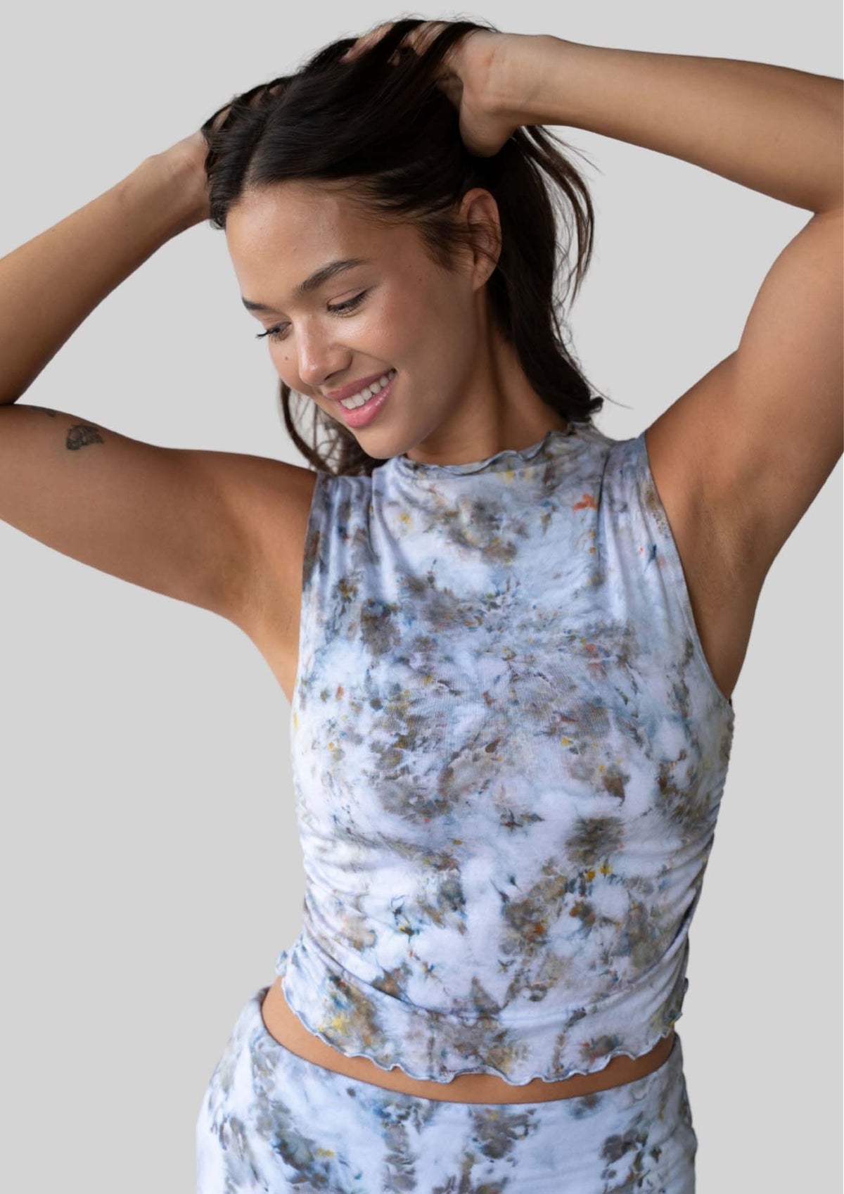 JALA Whisper Tank in Morel showing the side shirring, front view