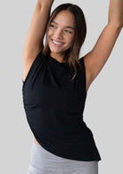 Model wearing the JALA Align Tee in Black, styled front view