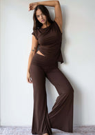 Model wearing the JALA Align Tee in Espresso, full length lifestyle shot