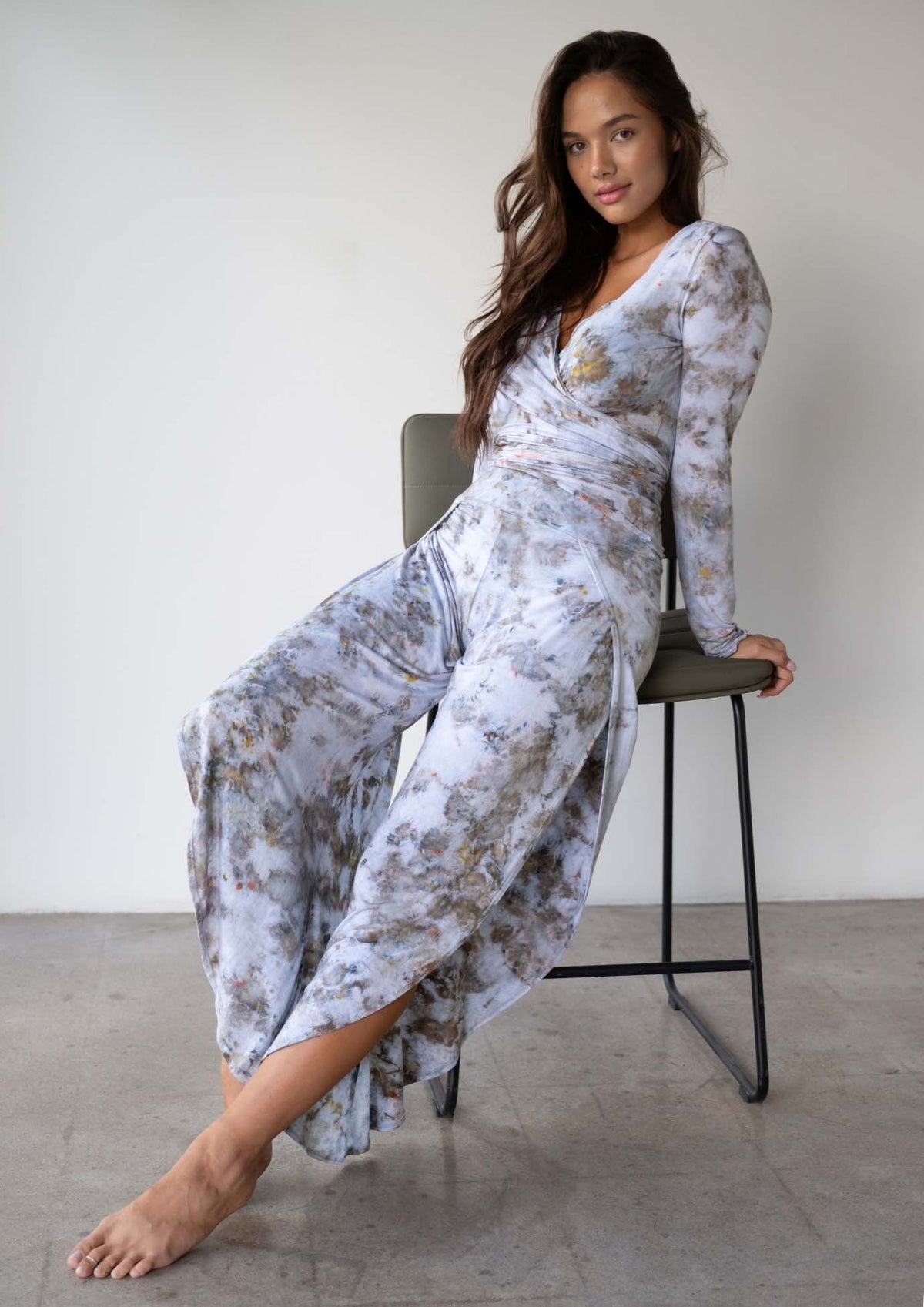 Model wearing the JALA Bhakti Pant in Morel, lifestyle shot