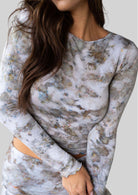 Model wearing the JALA Chill Top in Morel, styled front view