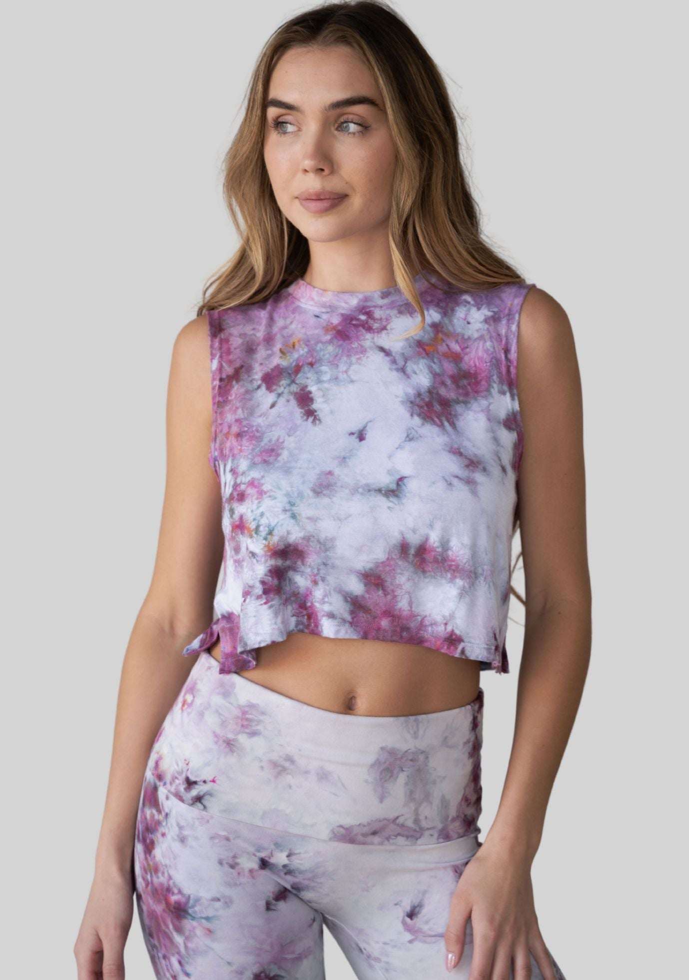 Jala Crop Tank in Fig - model photo. [label] Athena is 5'9" XS