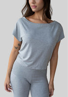 JALA Dreamer Dolman Tee in Heather Grey, relaxed fit tee, front view