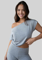 JALA Dreamer Dolman Tee in Heather Grey, styled front view