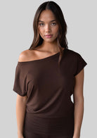 Model wearing the JALA Dreamer Dolman Tee in Espresso, styled front view
