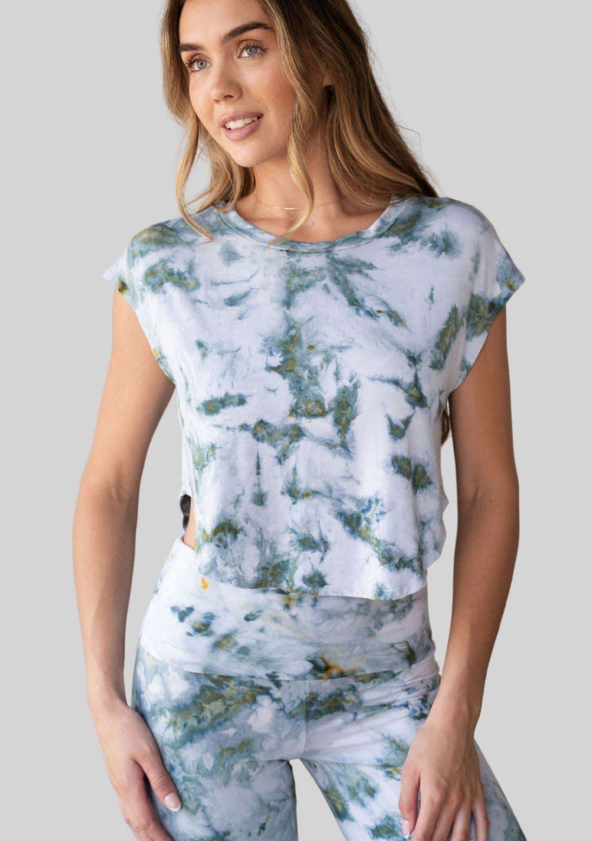 Jala Easy Tee in Seaweed - model photo. [label] Athena is 5'9" XS