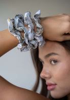 Close up of the hand dyed JALA Scrunchie in Morel