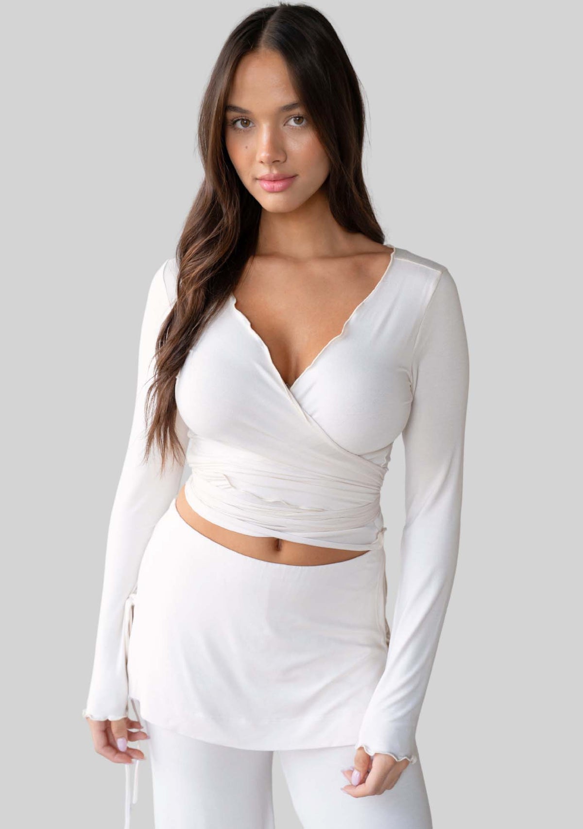 JALA Kira Wrap Top in Cream, another way to style it, front view