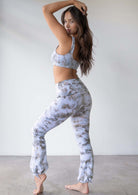 Model wearing the JALA Nama Balloon Flare Legging in Morel, full length lifestyle shot